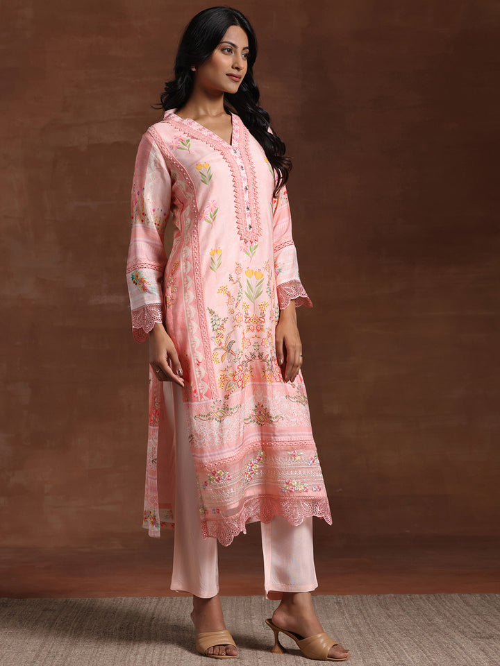 Pink Printed Silk Blend Straight Suit With Dupatta