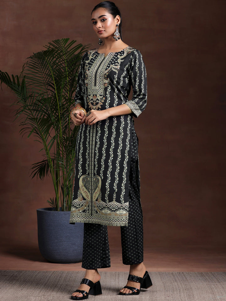 Black Printed Poly Crepe Straight Suit With Dupatta