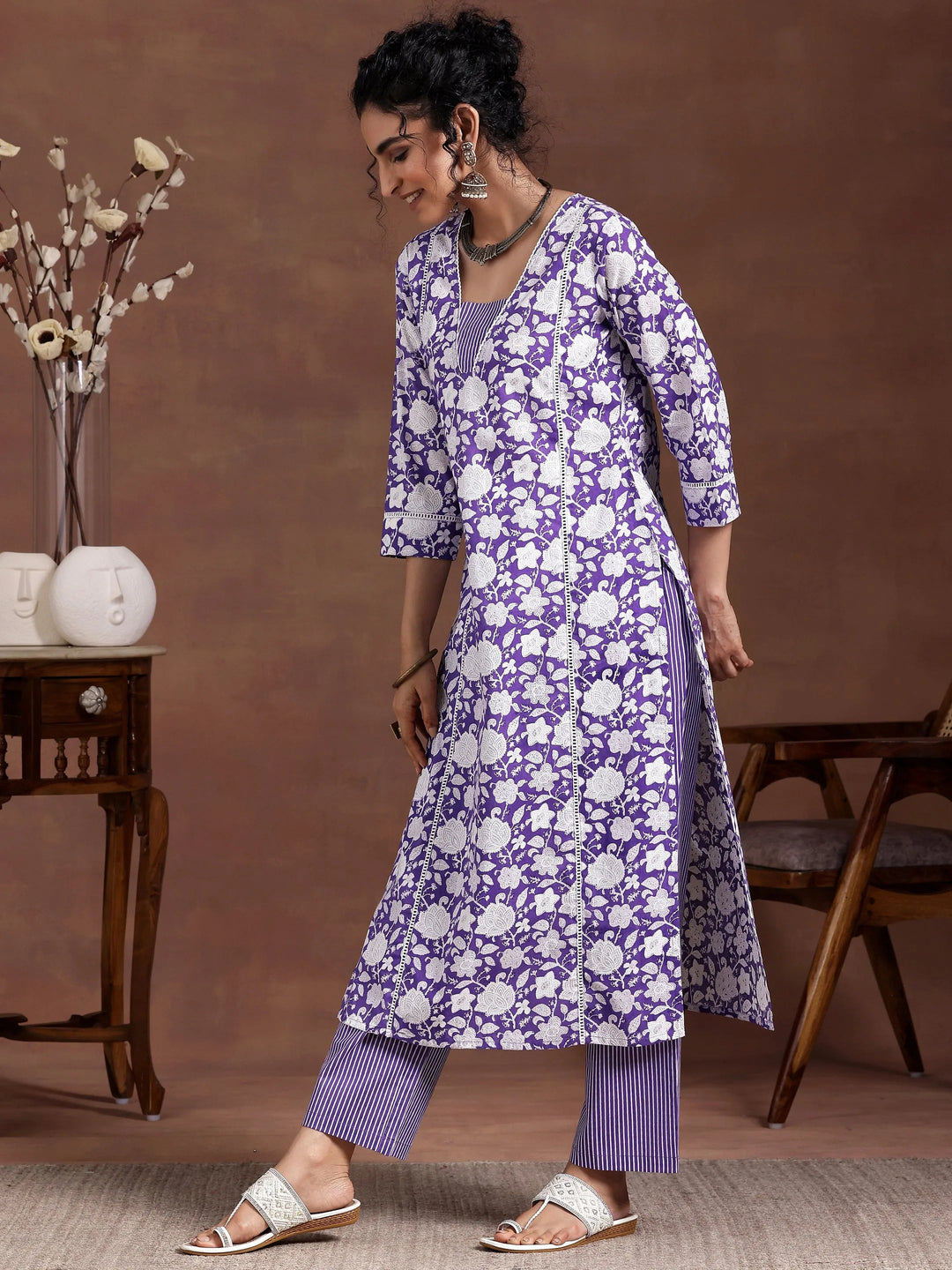 Purple Printed Cotton Straight Kurta Set