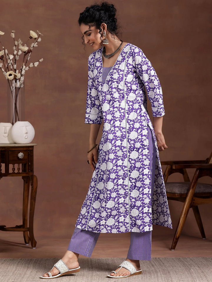 Purple Printed Cotton Straight Kurta Set