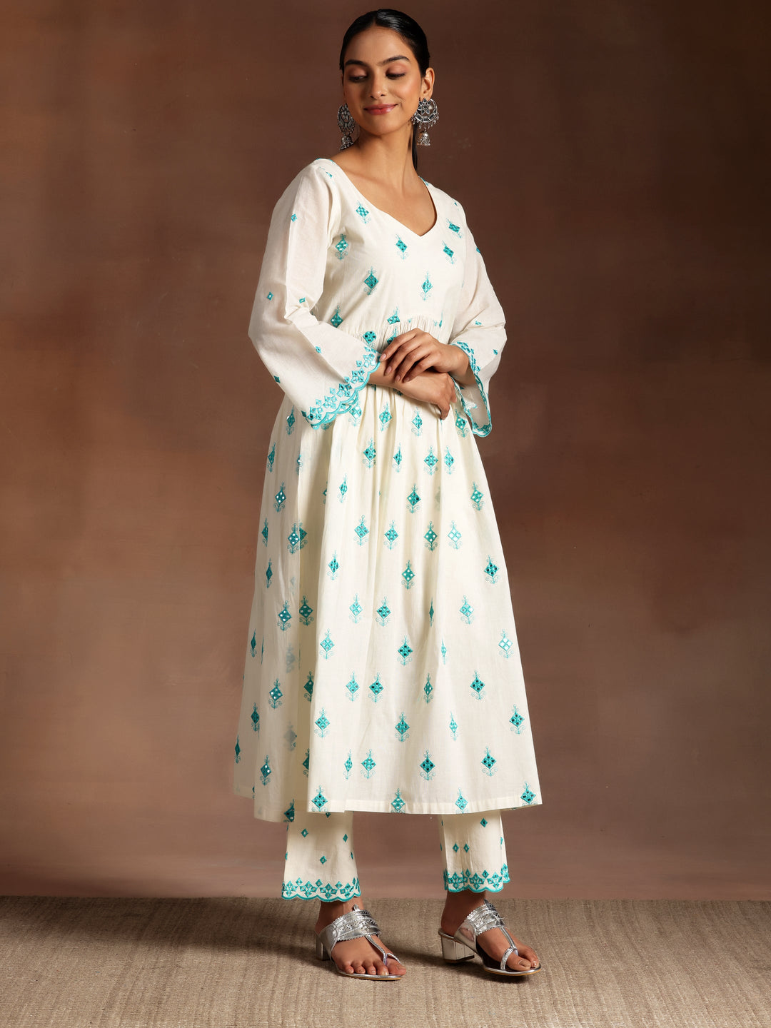 Off White Embroidered Cotton Anarkali Suit With Dupatta