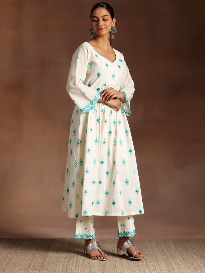 Off White Embroidered Cotton Anarkali Suit With Dupatta
