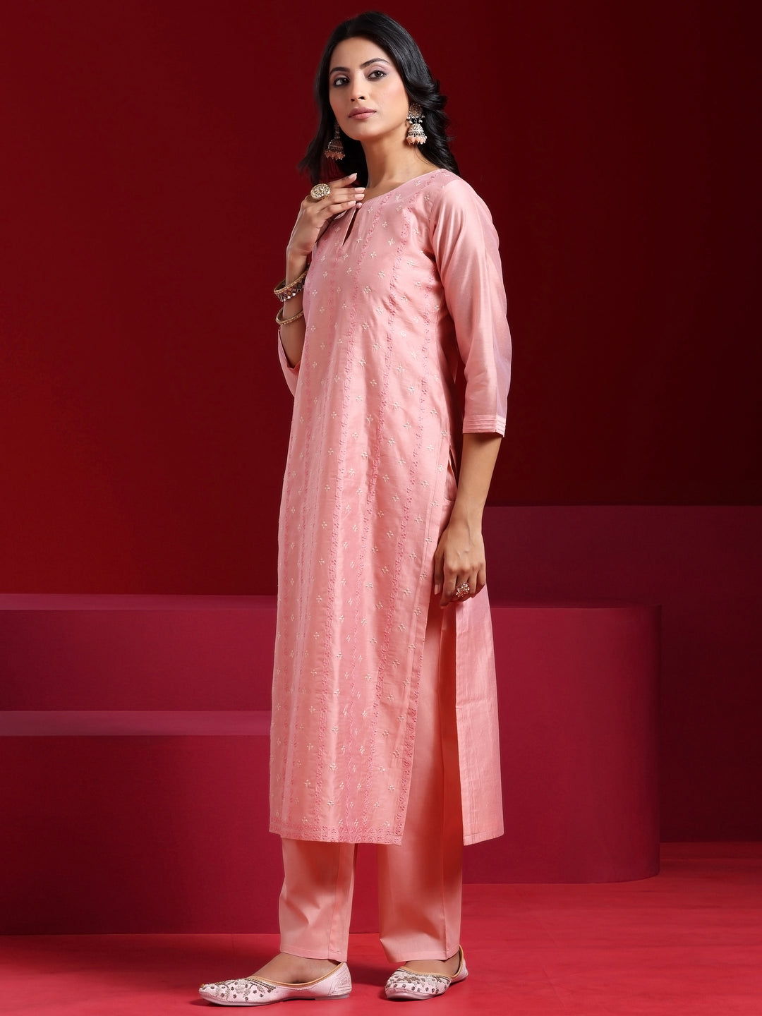 Libas Art Pink Embroidered Chanderi Silk Straight Suit With Dupatta