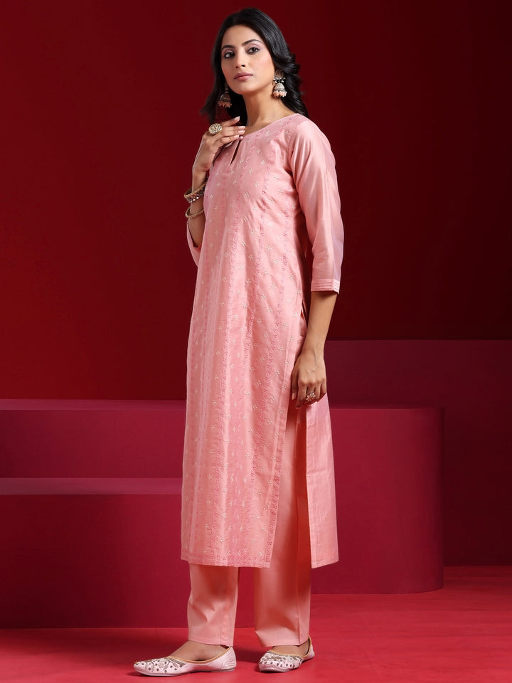 Libas Art Pink Embroidered Chanderi Silk Straight Suit With Dupatta