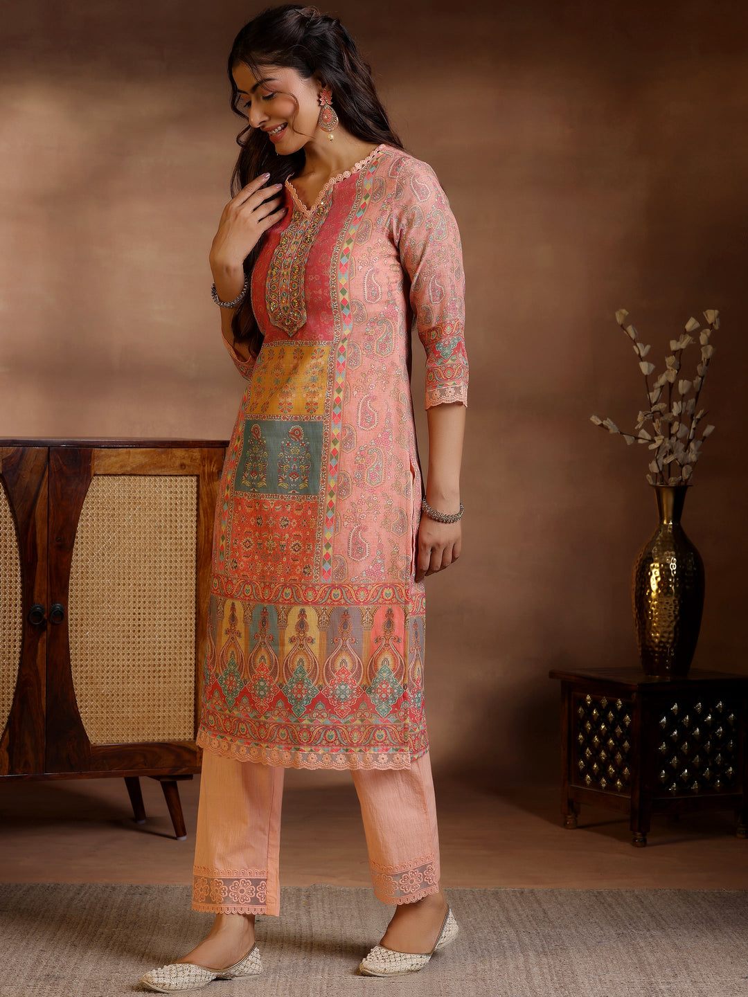 Peach Printed Cotton Blend Straight Suit With Dupatta