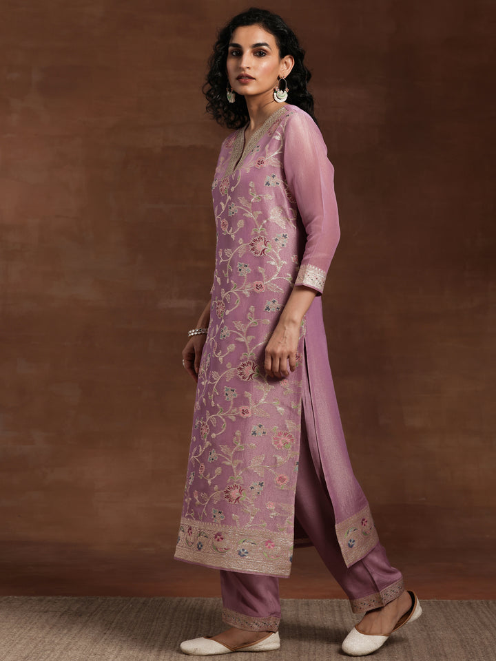 Mauve Woven Design Silk Blend Straight Kurta With Trousers & Dupatta