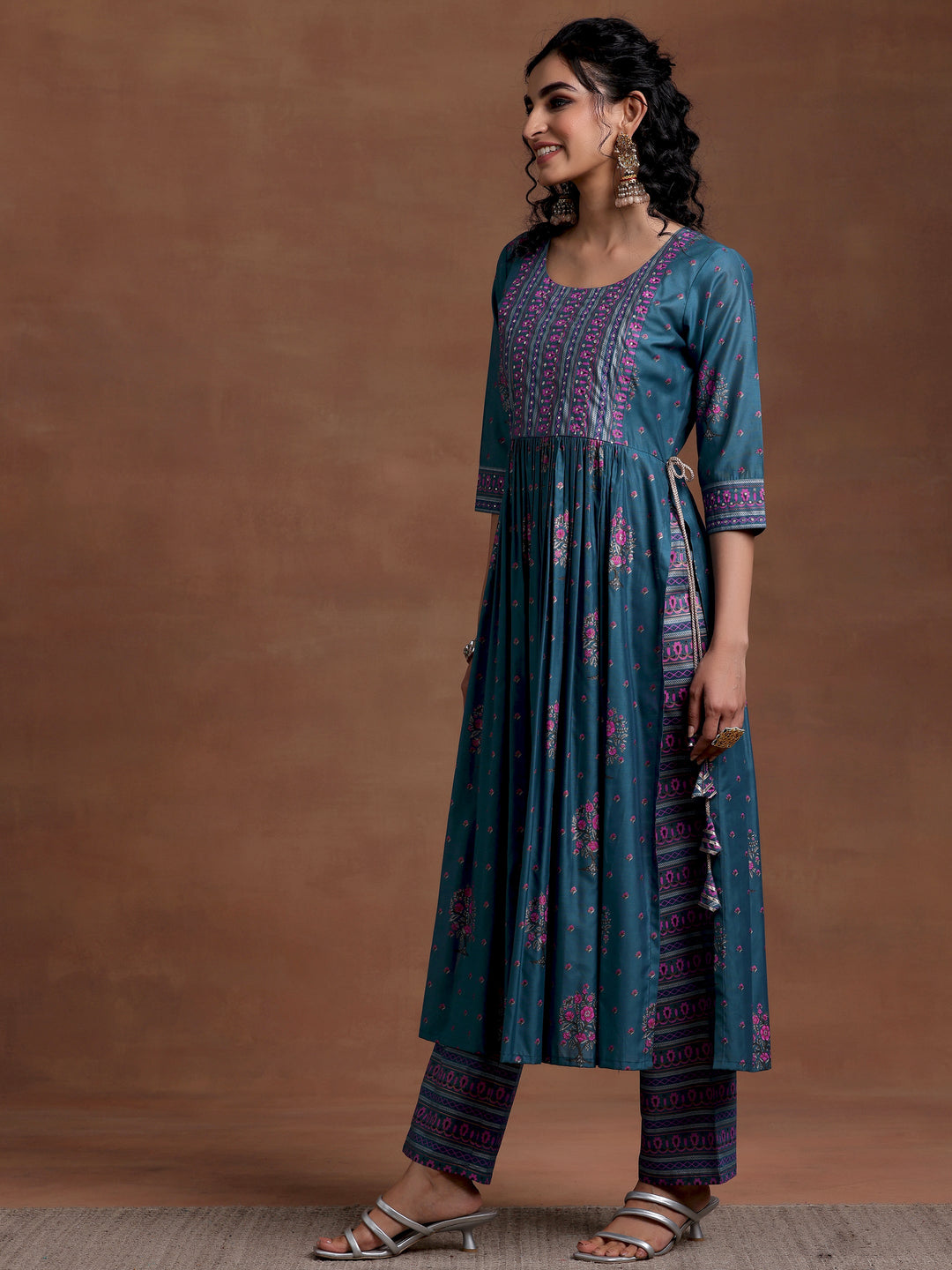 Blue Printed Silk Blend A-Line Kurta With Palazzos & Dupatta