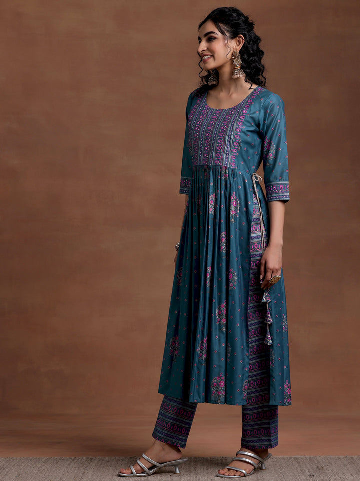 Blue Printed Silk Blend A-Line Kurta With Palazzos & Dupatta