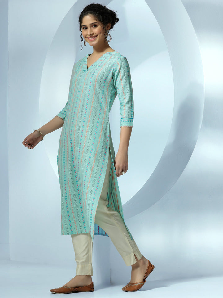 Sea Green Woven Design Cotton Straight Kurta