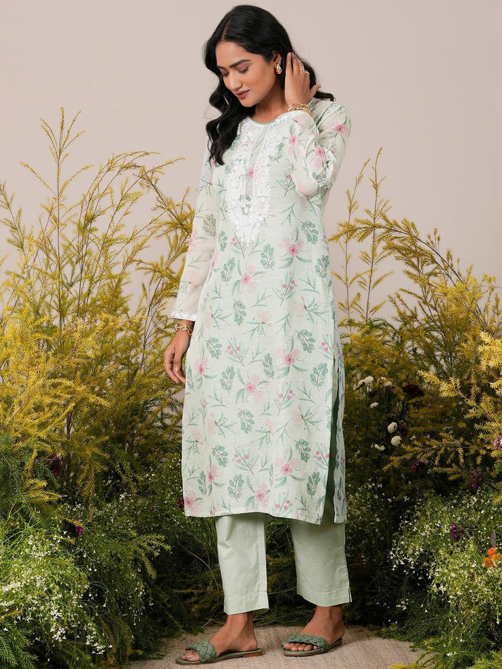 Green Printed Cotton Blend Straight Suit With Dupatta