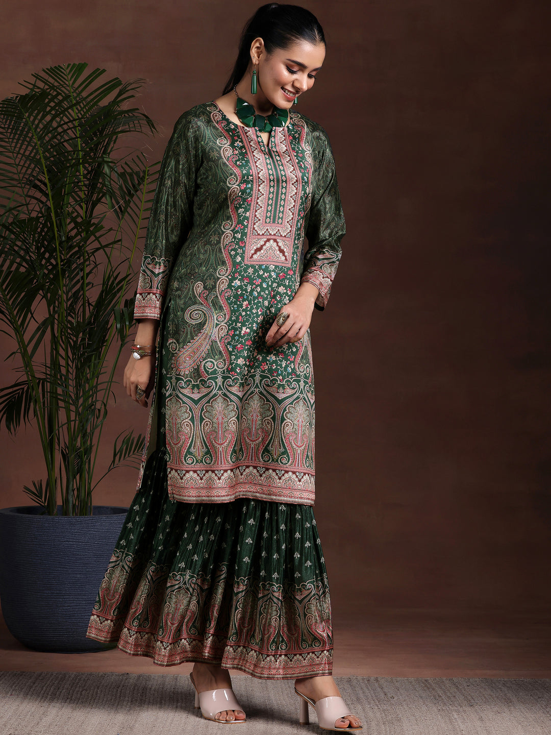Green Printed Silk Blend Straight Suit With Dupatta