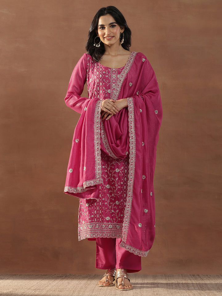 Pink Embroidered Silk Blend Straight Suits With Dupatta