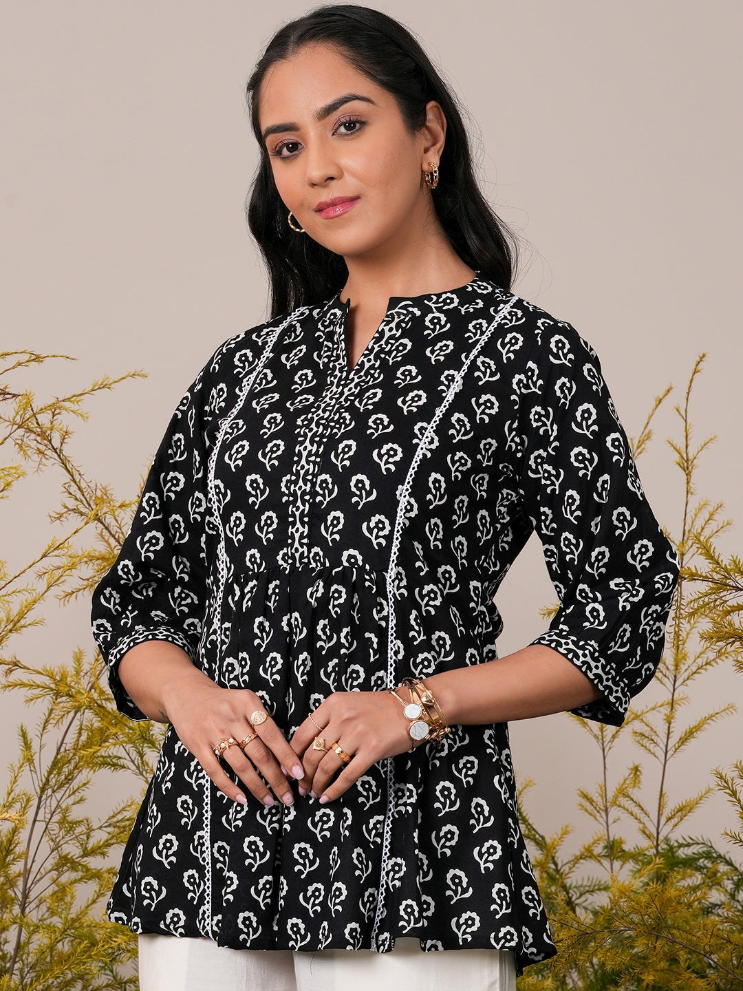 Black Printed Cotton Straight Short Kurti