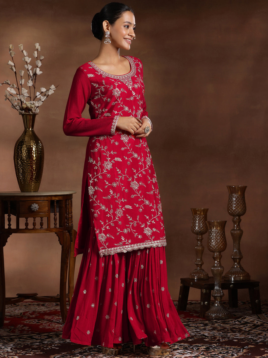 Red Embroidered Silk Blend Straight Suit With Dupatta