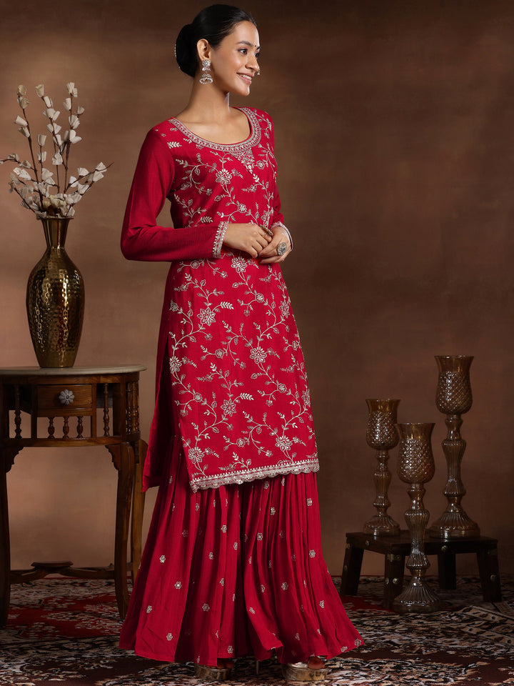 Red Embroidered Silk Blend Straight Suit With Dupatta