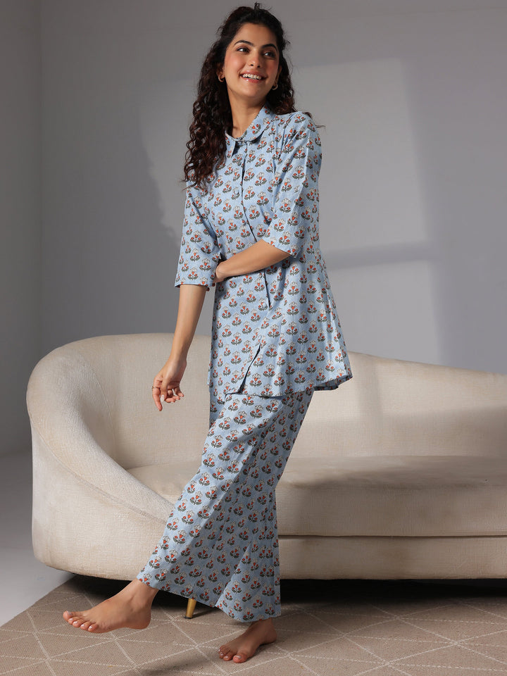 Blue Printed Cotton Night Suits