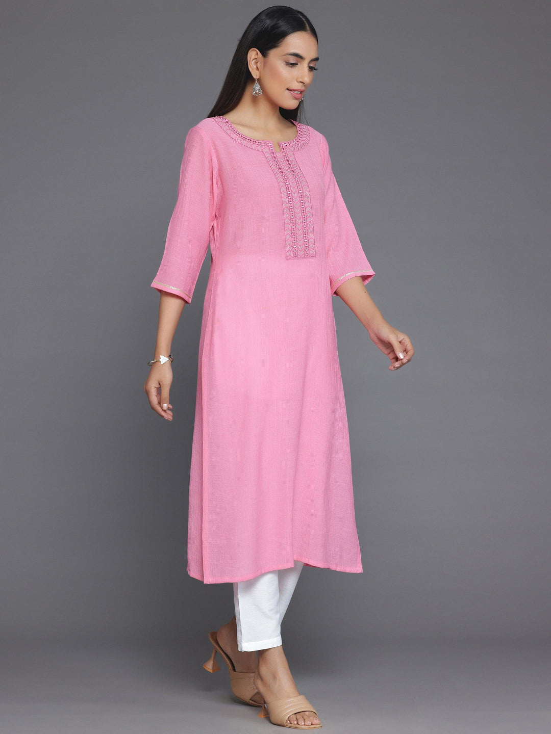 Pink Yoke Design Cotton Straight Kurta