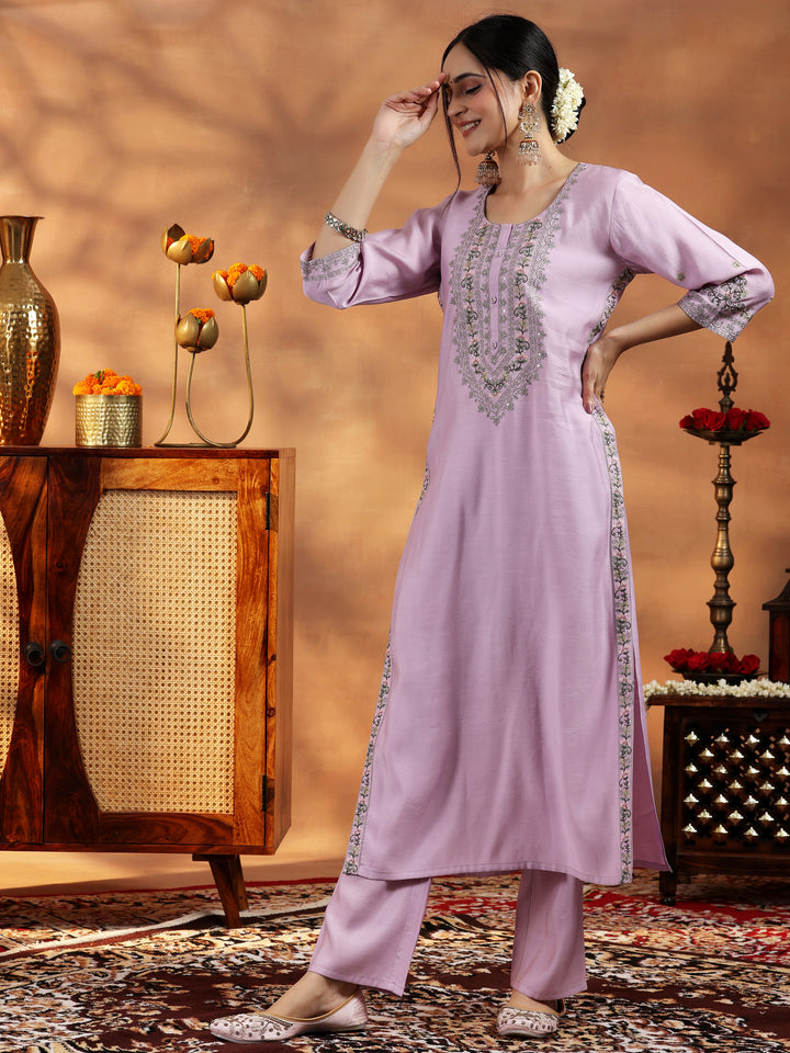 Lavender Embroidered Silk Blend Straight Suit With Dupatta