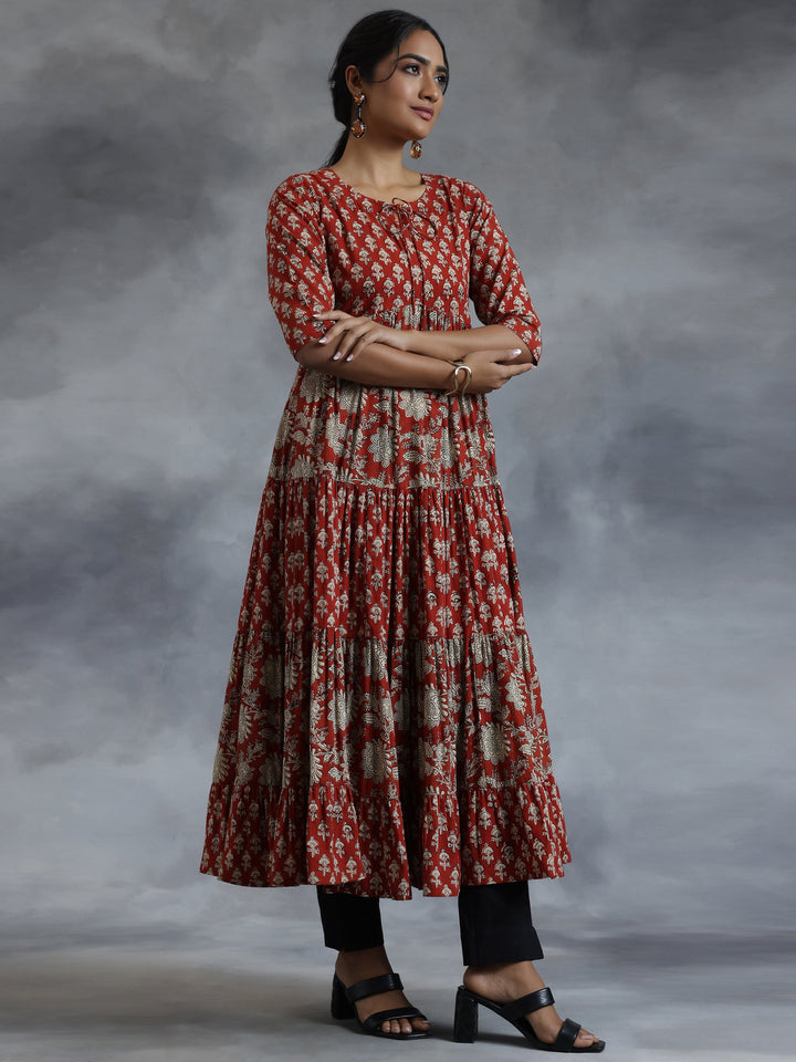Rust Printed Cotton A-Line Dress