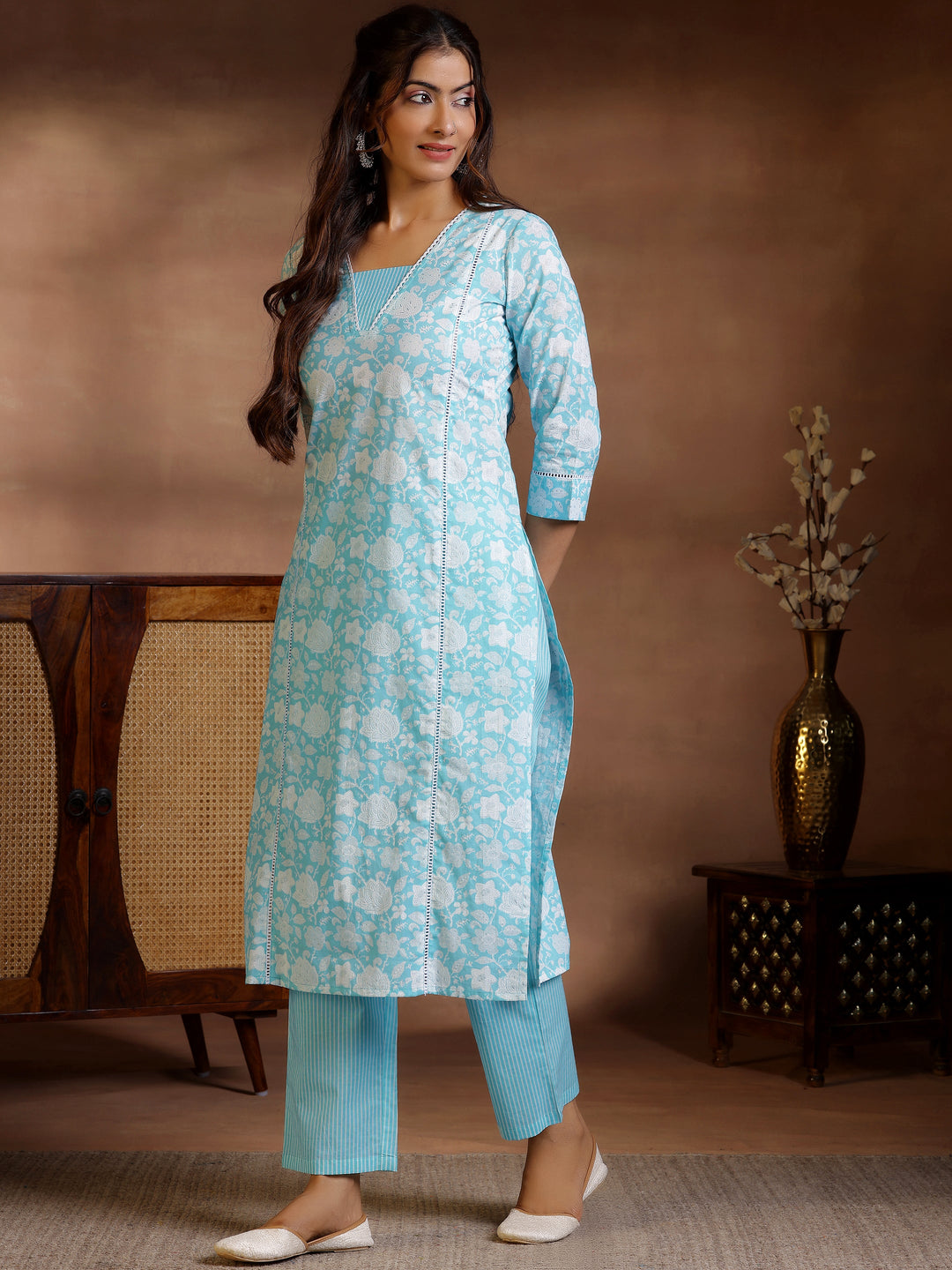 Blue Printed Cotton Straight Kurta Set