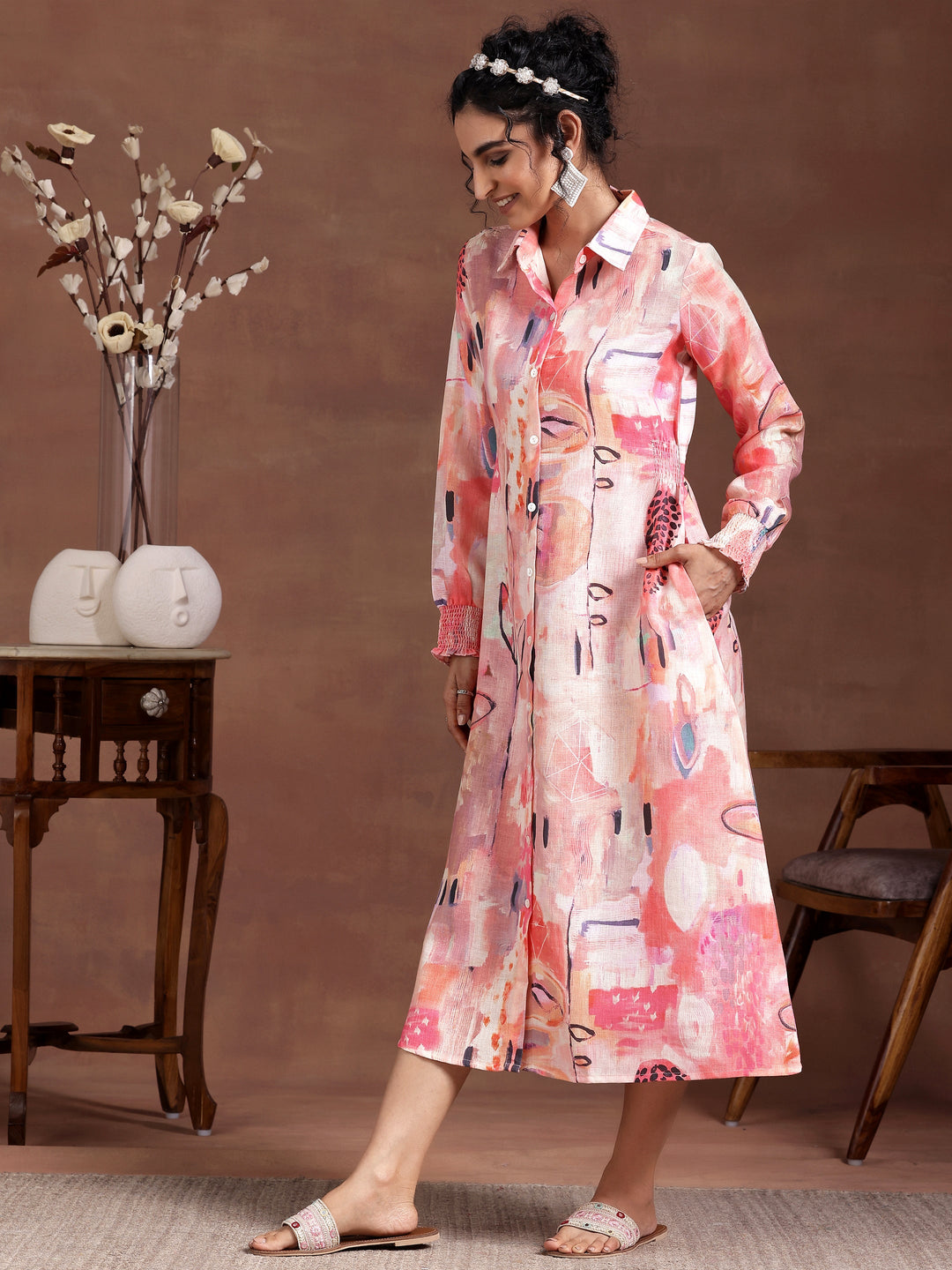 Peach Printed Cotton Blend A-Line Dress