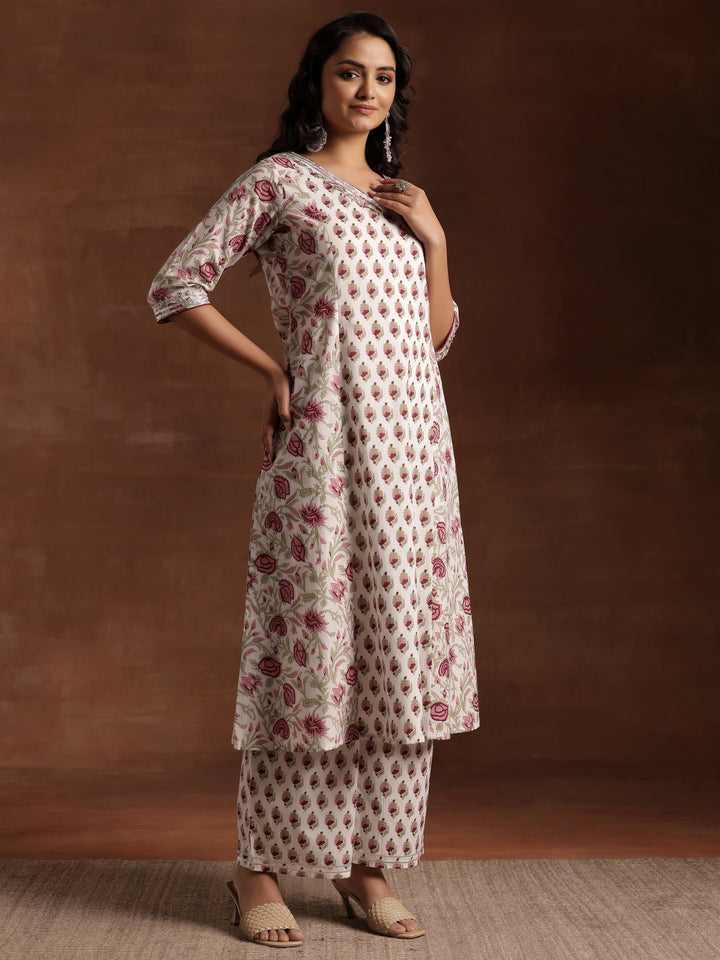 Off white Printed Cotton A-Line Kurta With Palazzos