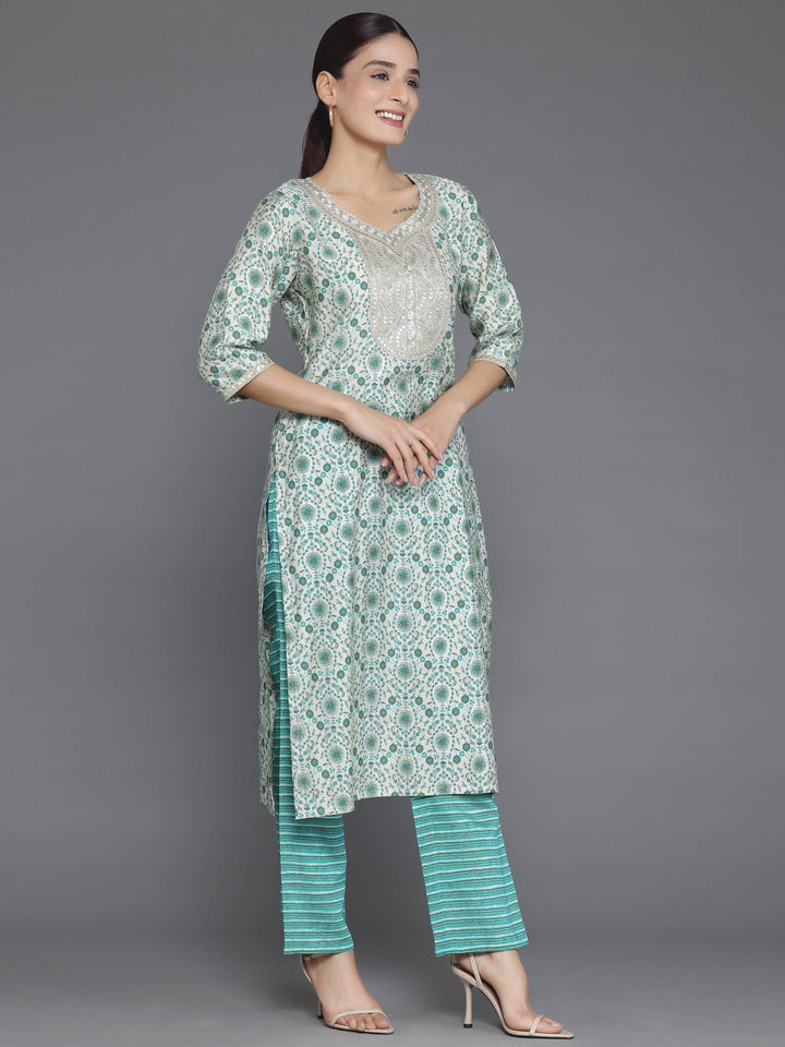 Beige Printed Silk Blend Straight Suit With Dupatta