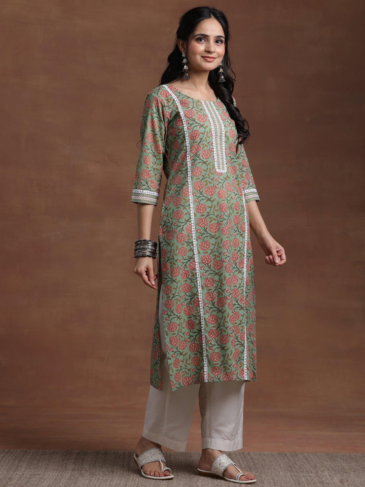 Green Printed Cotton Straight Kurta