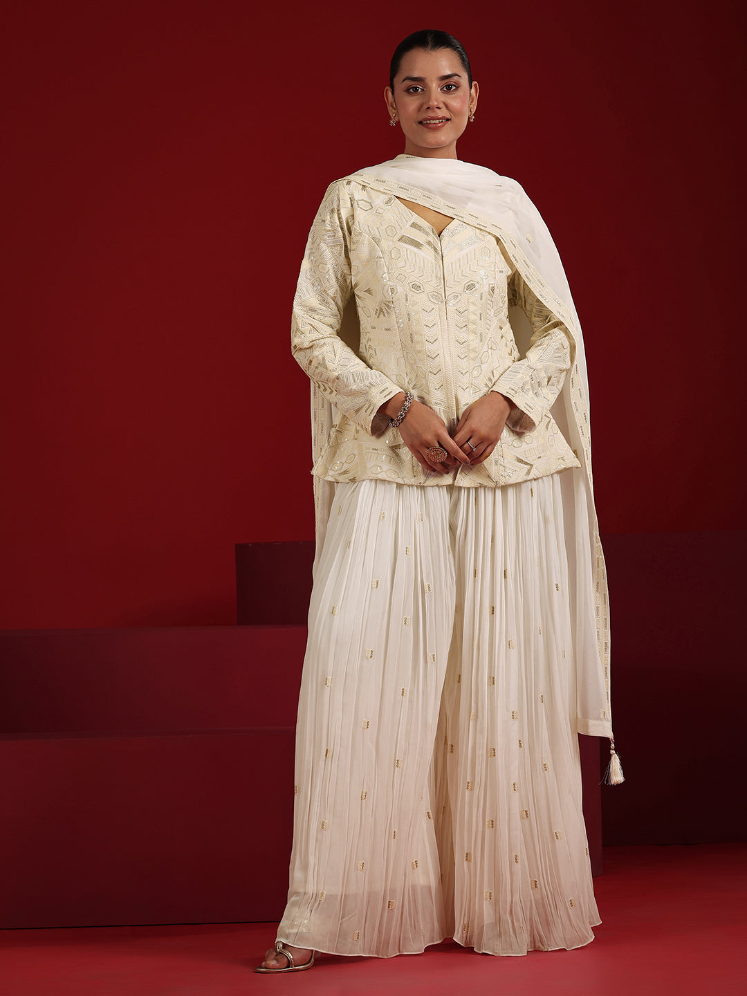 Libas Art Off White Embroidered Georgette A-Line Suit Set With Dupatta