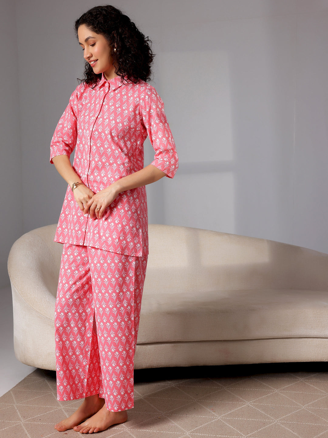 Peach Printed Cotton Night Suits