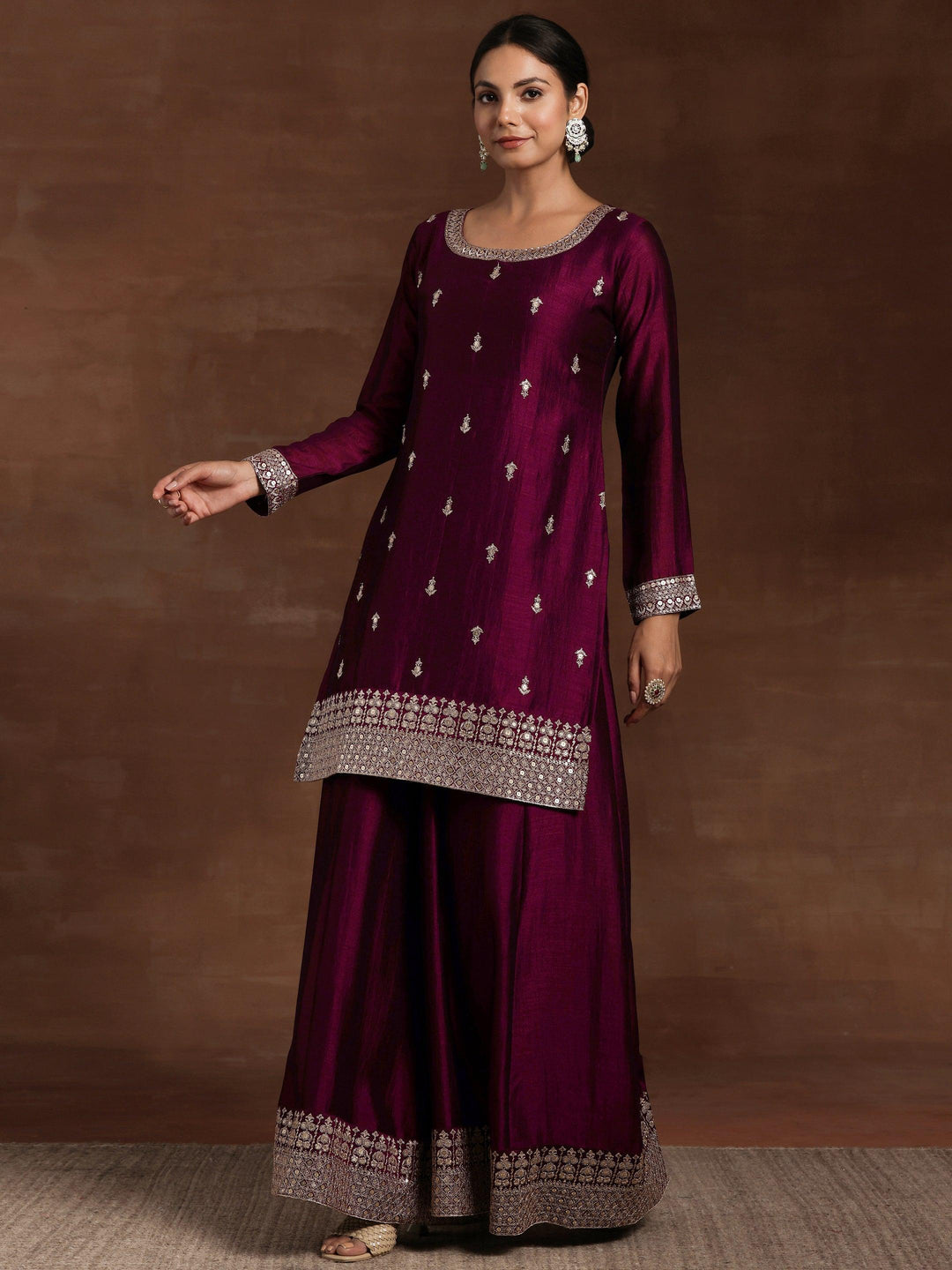 Maroon Embroidered Silk Blend Straight Suit With Dupatta