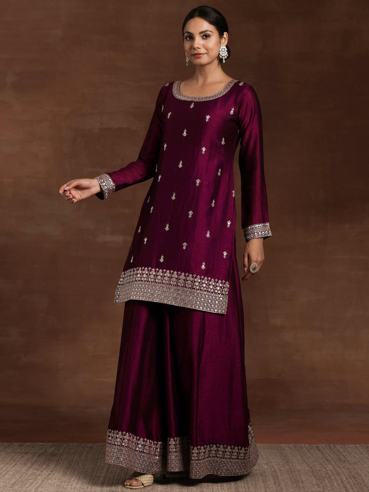 Maroon Embroidered Silk Blend Straight Suit With Dupatta