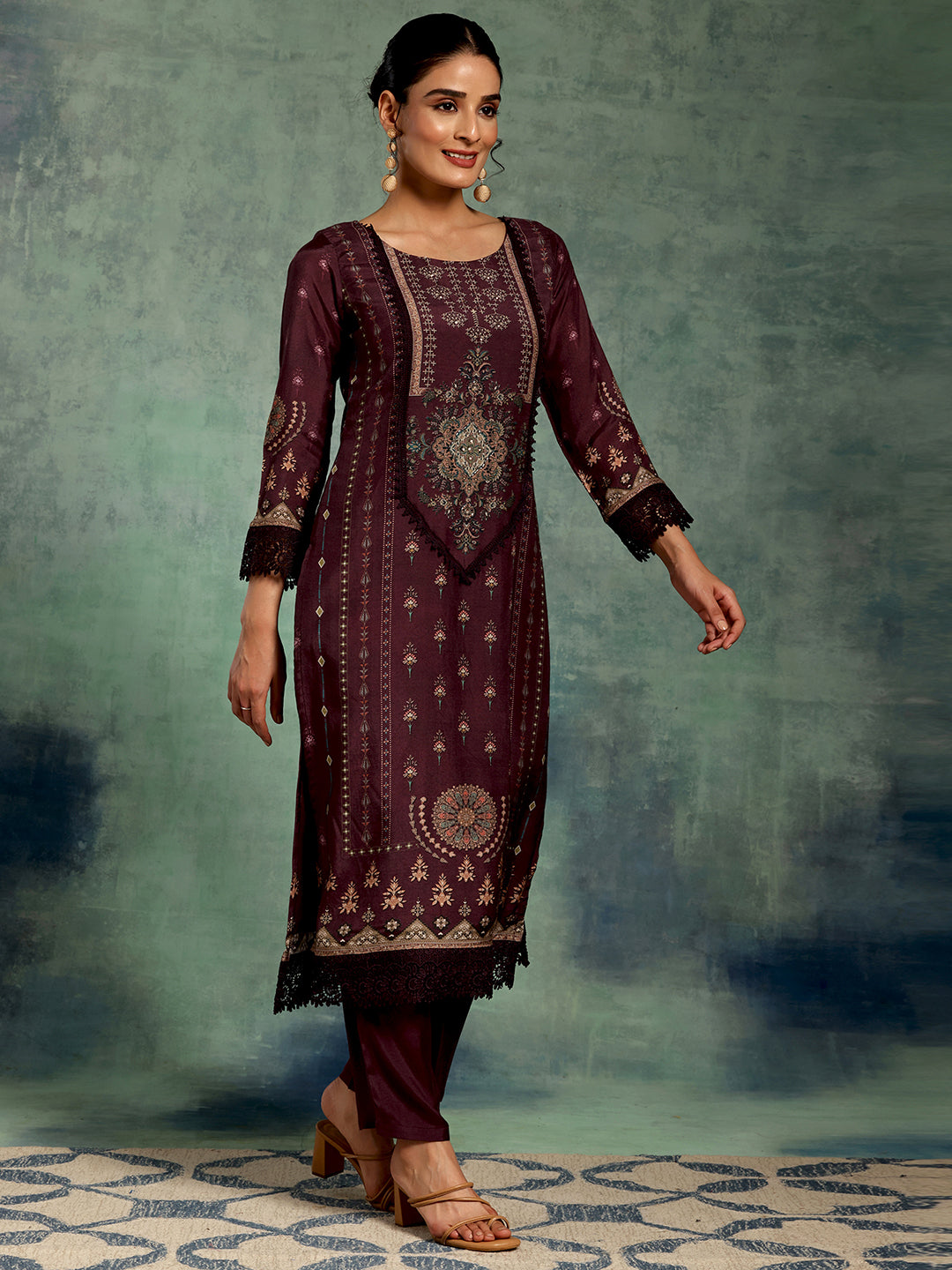Wine Printed Silk Blend Straight Suit Set With Dupatta