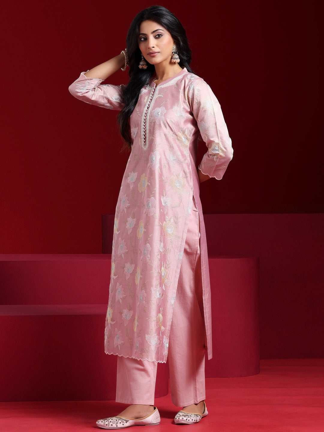Libas Art Pink Embroidered Chanderi Silk Straight Suit With Dupatta