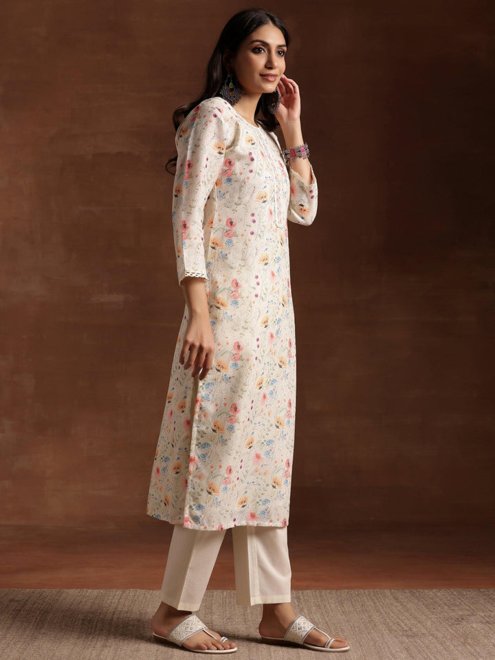 Cream Printed Cotton Straight Suit With Dupatta