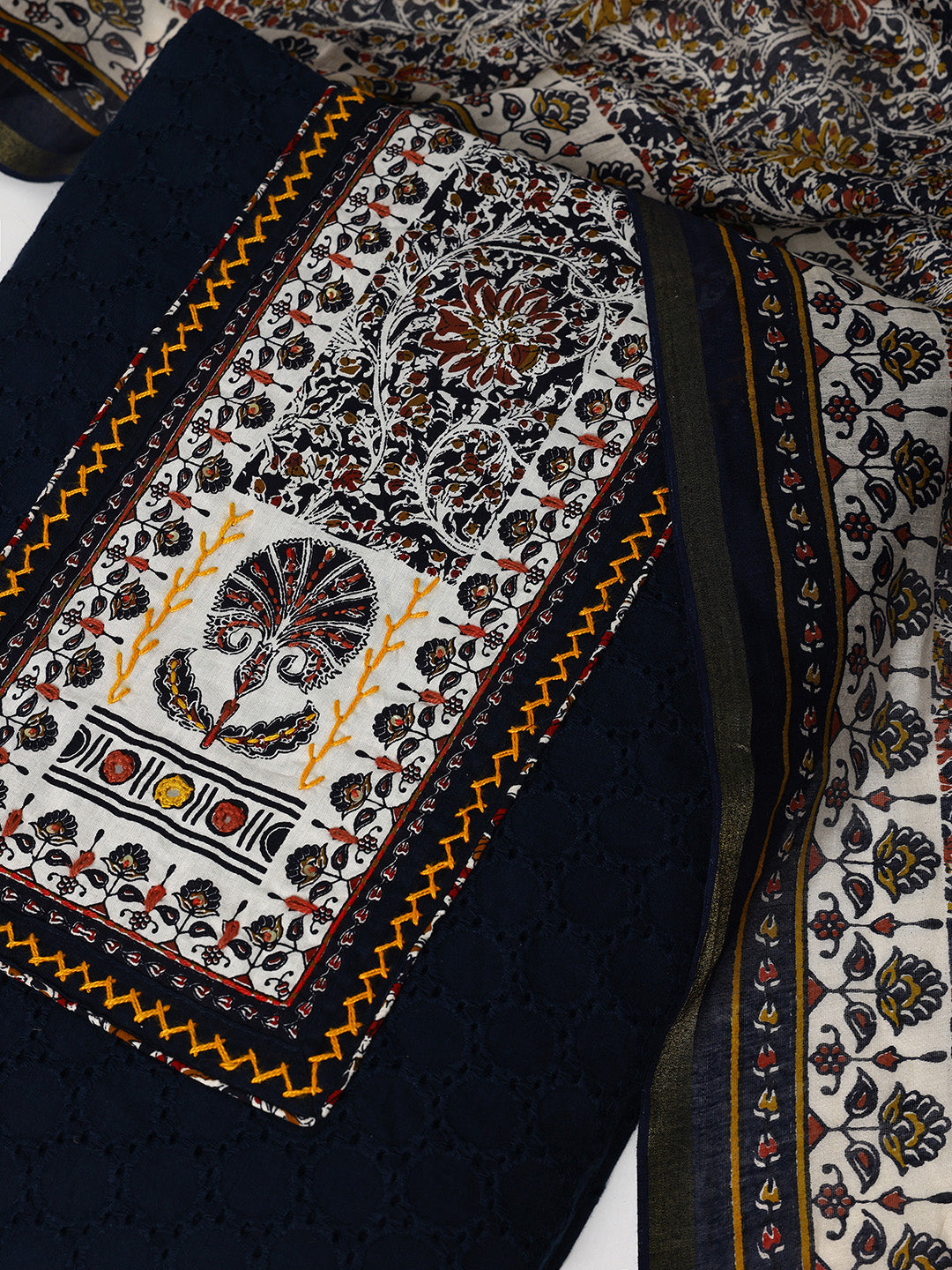 Navy Blue Printed Cotton Dress Material With Dupatta