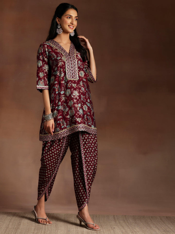 Burgundy Printed Silk Blend Straight Suit With Dupatta