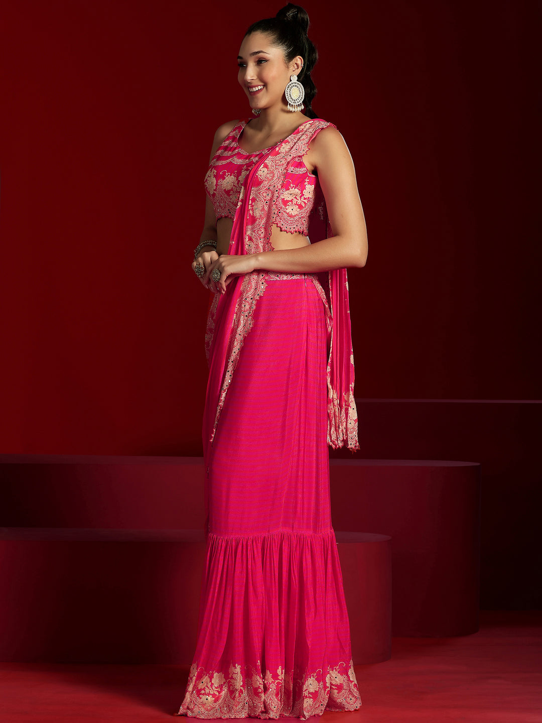 Libas Art Pink Embellished Chinnon Saree