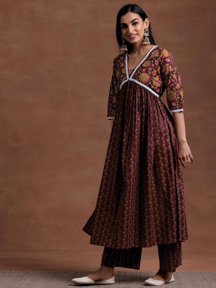 Rust Printed Cotton A-Line Kurta With Palazzos
