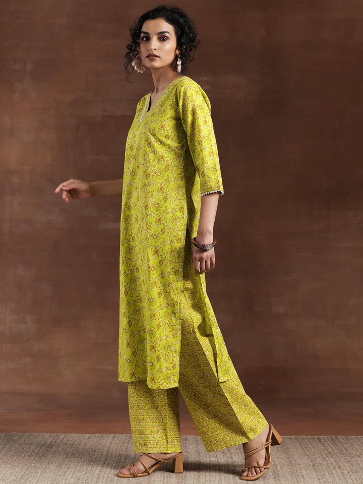 Green Printed Cotton Straight Suit With Dupatta