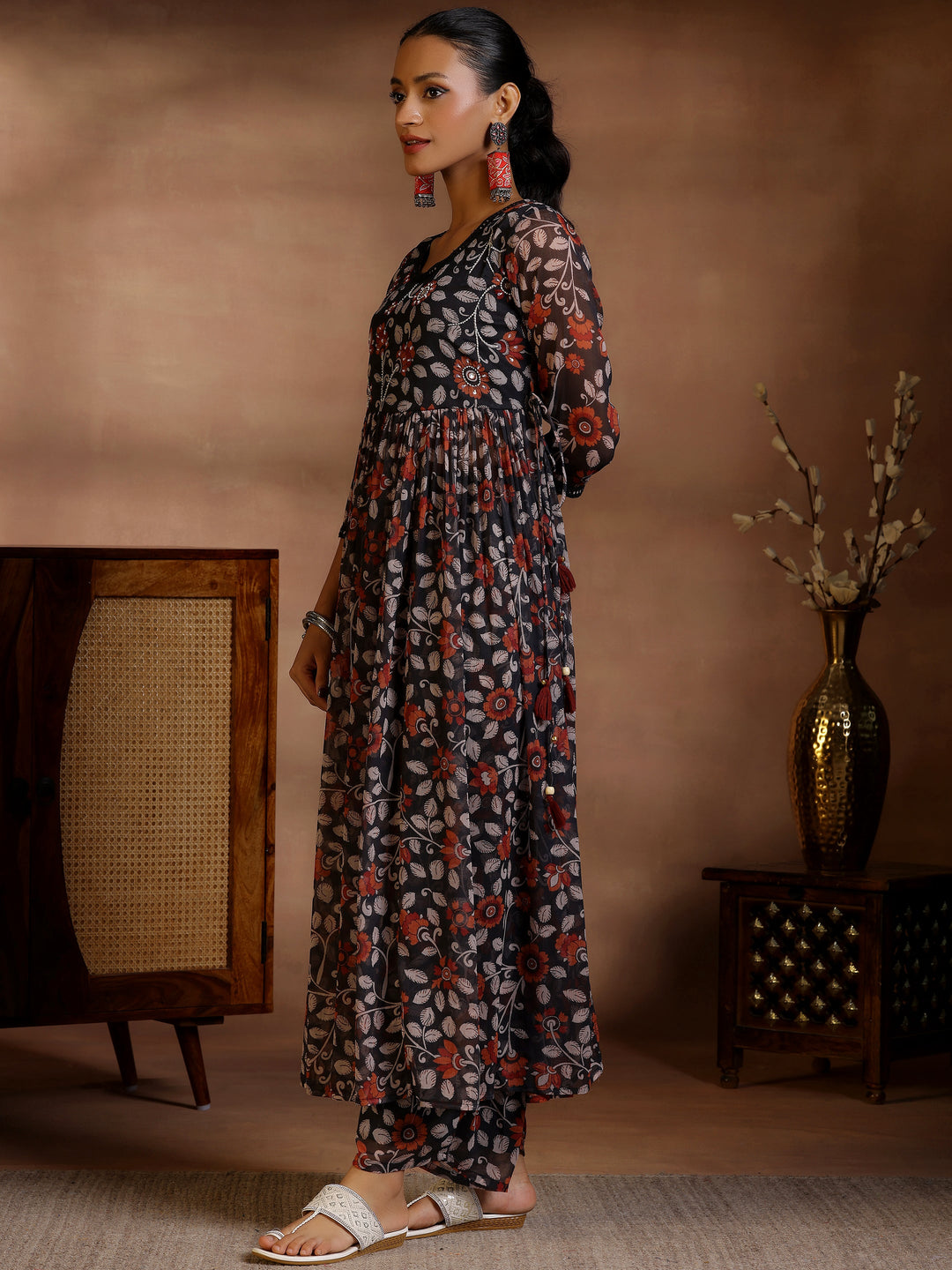 Black Printed Poly Chiffon A-Line Kurta With Palazzos & Dupatta