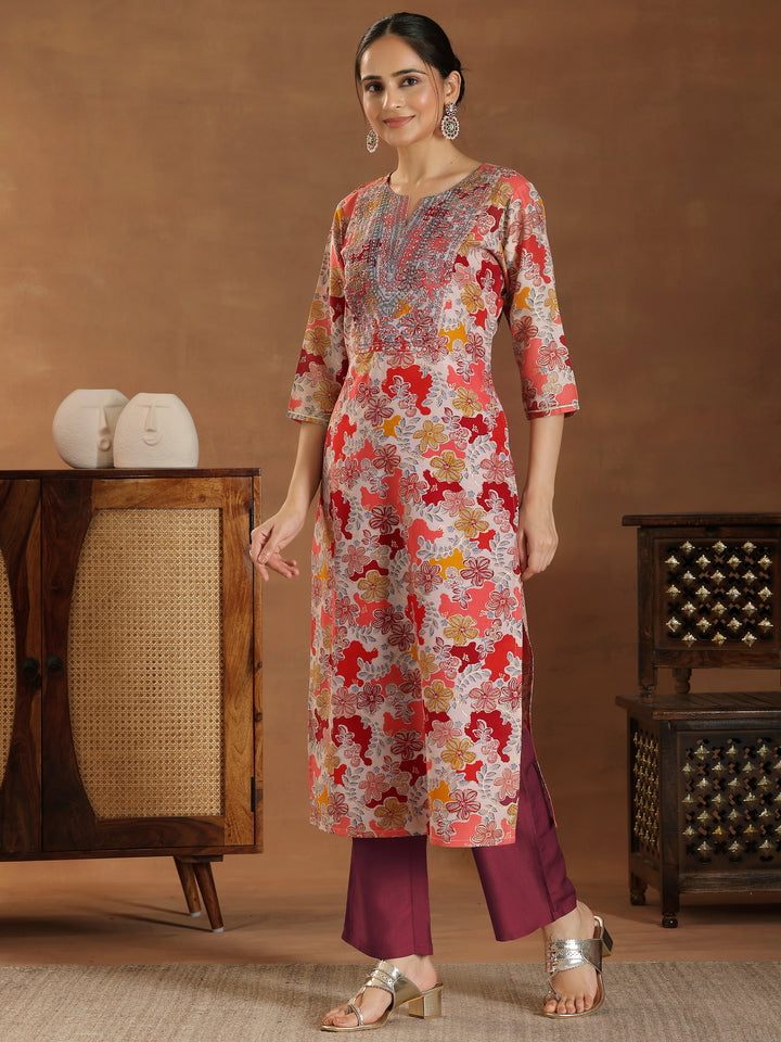 Red Printed Silk Blend Straight Suit With Dupatta
