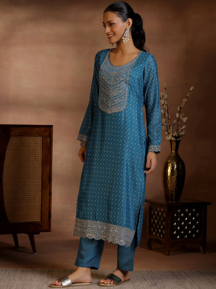 Blue Printed Silk Blend Straight Suit With Dupatta