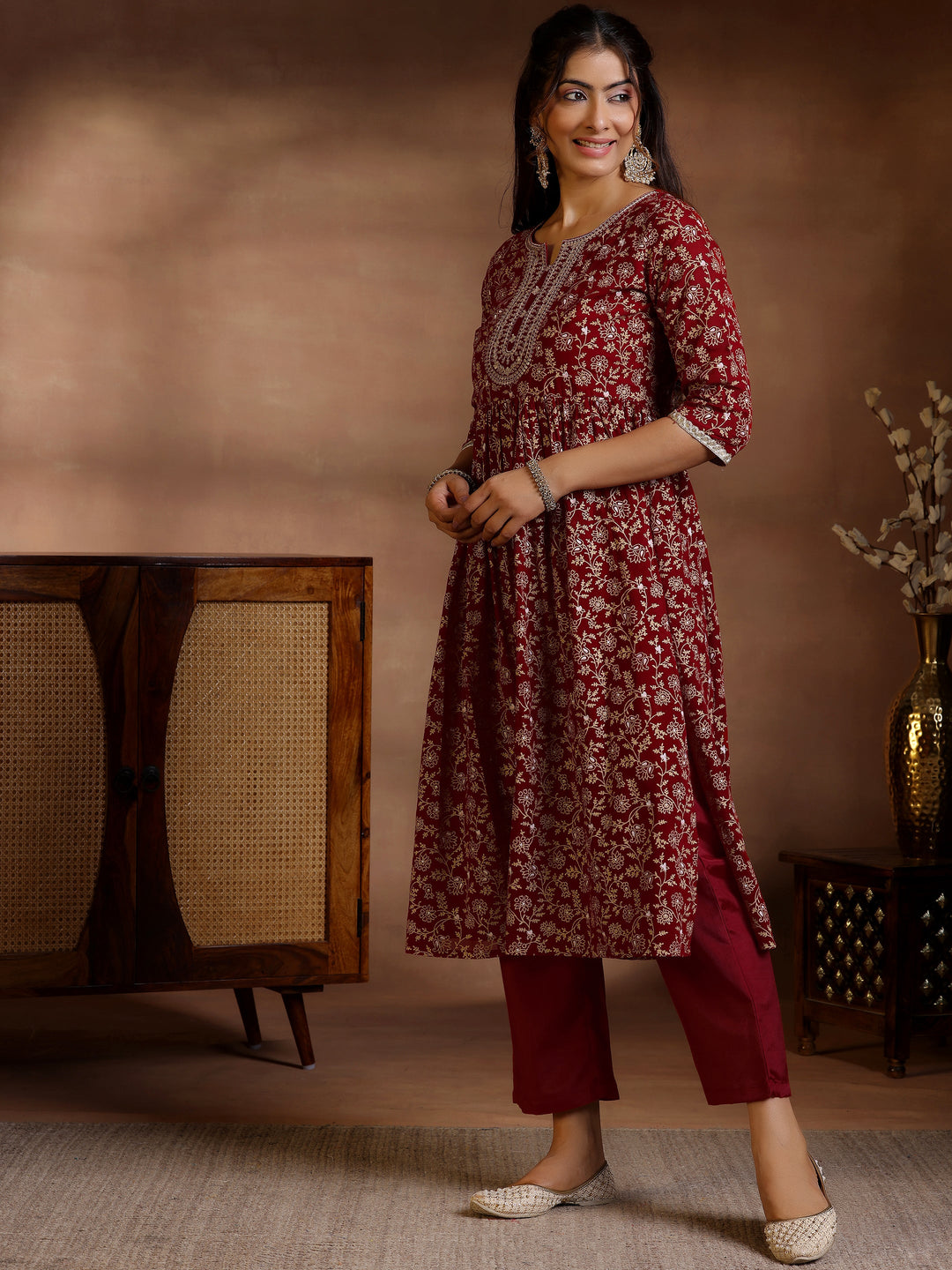 Maroon Printed Georgette A-Line Kurta With Trousers & Dupatta