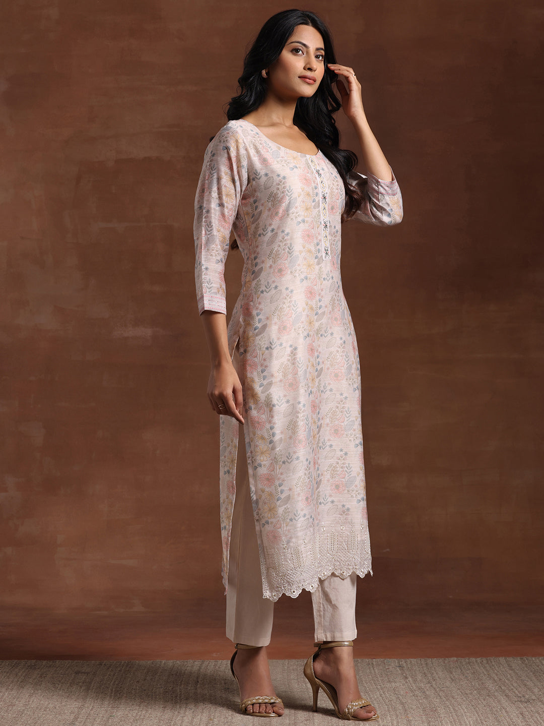 Beige Printed Chanderi Silk Straight Suit With Dupatta