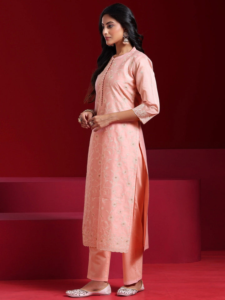 Libas Art Pink Embroidered Chanderi Silk Straight Suit With Dupatta