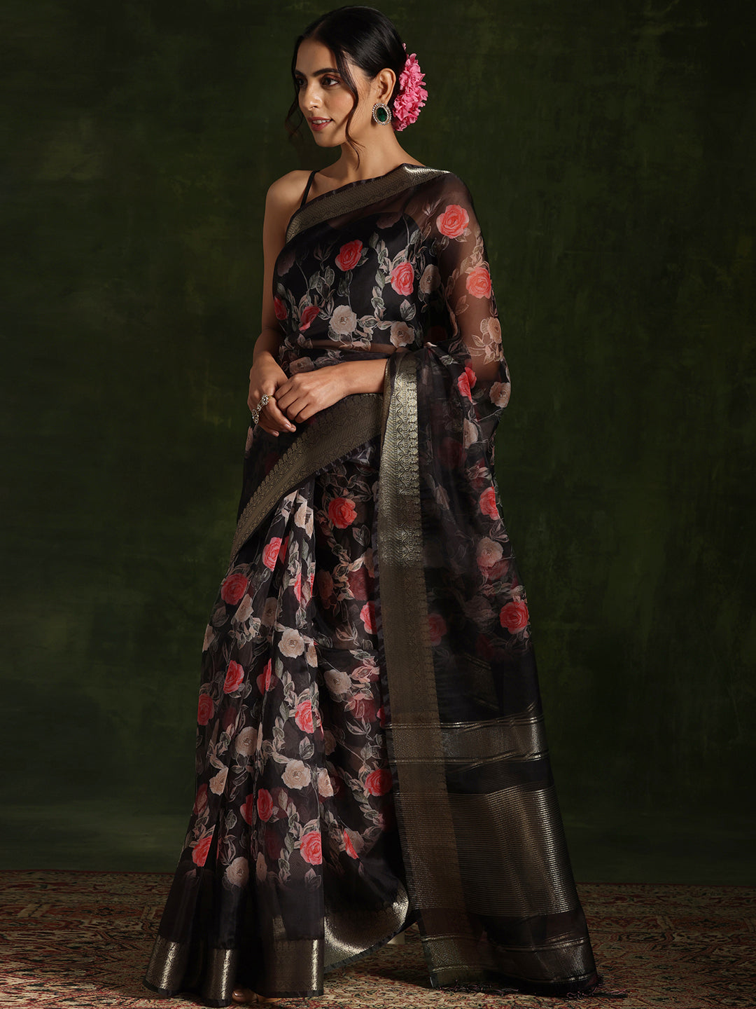 Black Printed Organza Saree With Unstitched Blouse Piece