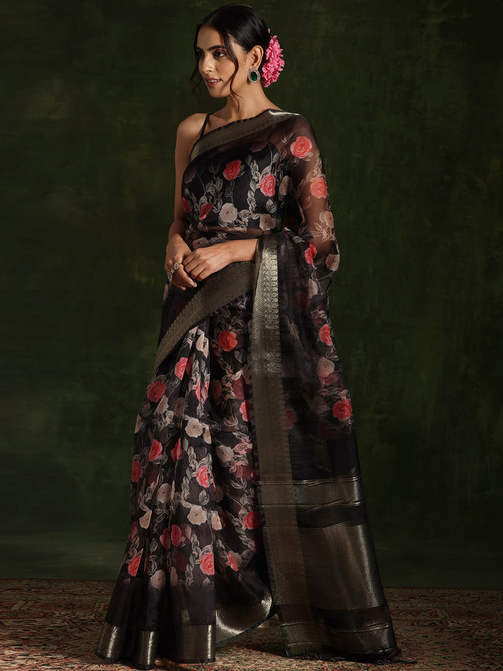 Black Printed Organza Saree With Unstitched Blouse Piece