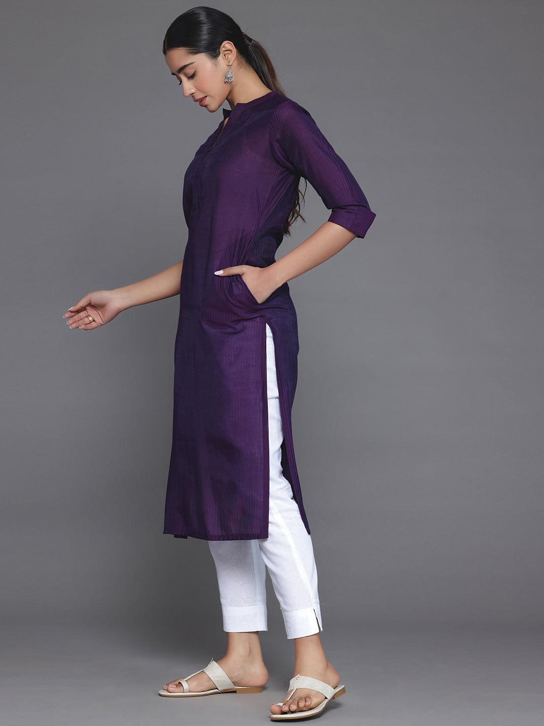 Purple Woven Design Silk Straight Kurta