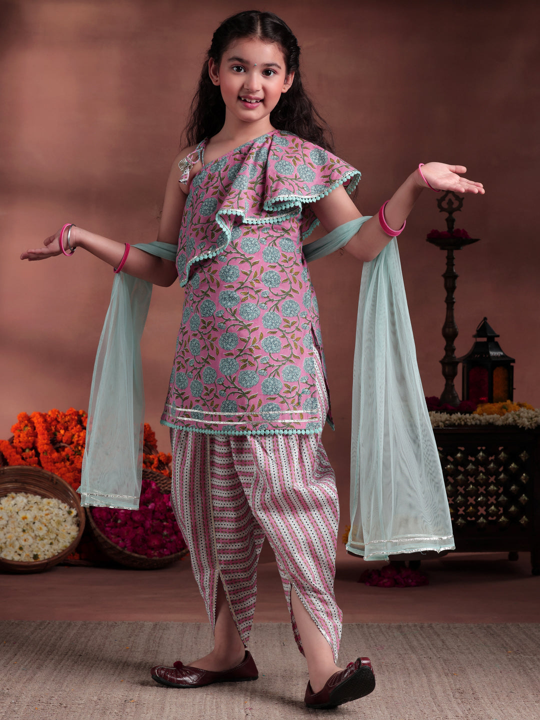 Kids Pink Printed Cotton Straight Kurta With Dhoti Pants & Dupatta